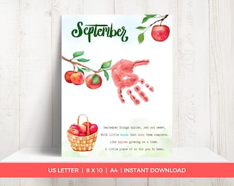 September Handprint Craft Printable, Fall Handprint Art, Apple Tree Handprint Poem, Monthly Handprint Art Craft, Handprint Tree