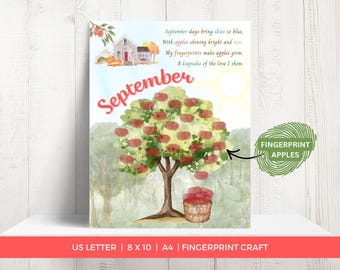 September Fingerprint Tree, Fingerprint Art, Apple Tree Handprint Poem, Fall Handprint Craft, Monthly Handprint Art, Thumbprint Craft