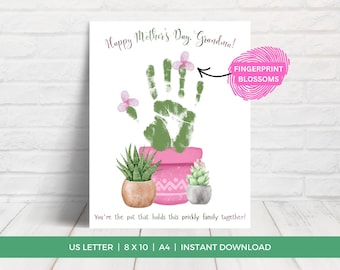 Grandma Mother's Day Handprint Craft for Kids, Cactus Grandma Mother's Day Craft, Gift for Grandma, Printable, DIY Craft, Fingerprint Craft