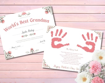 Grandma Mother's Day Handprint Craft and Award Bundle, World's Best Grandma Certificate, Gift for Grandma, Mother's Day Poem, DIY Craft