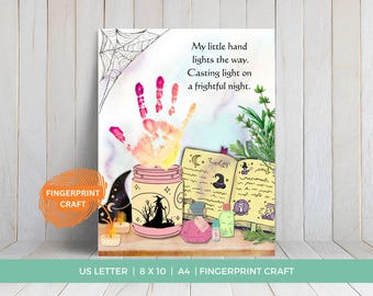 Witchy Candle Handprint Craft, Halloween Handprint Art, October Printable Poem Gift, Baby Witch Fingerprint Art, Thumbprint Spell Candles