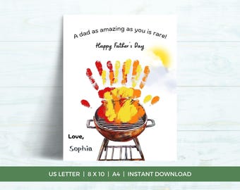 May include: A Father's Day card with a handprint design above a watercolor grill. The card reads "A dad as amazing as you is rare! Happy Father's Day." and is signed "Love, Sophia."