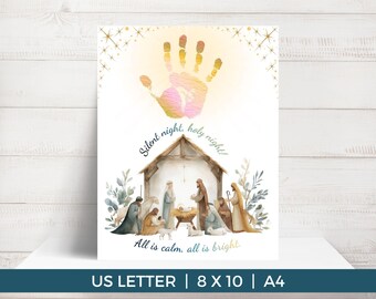 Silent Night Nativity Craft, Christmas Handprint Craft Printable, Handprint Christmas Cards, Winter Handprint Craft, Holiday Handprint Art