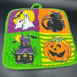 1990s vintage Halloween Patchwork Pot Holder - Pumpkin ghosts cat neon whimsy