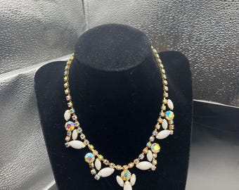Vintage Gold-Tone White Crystal Statement Necklace - bridal 50s formal