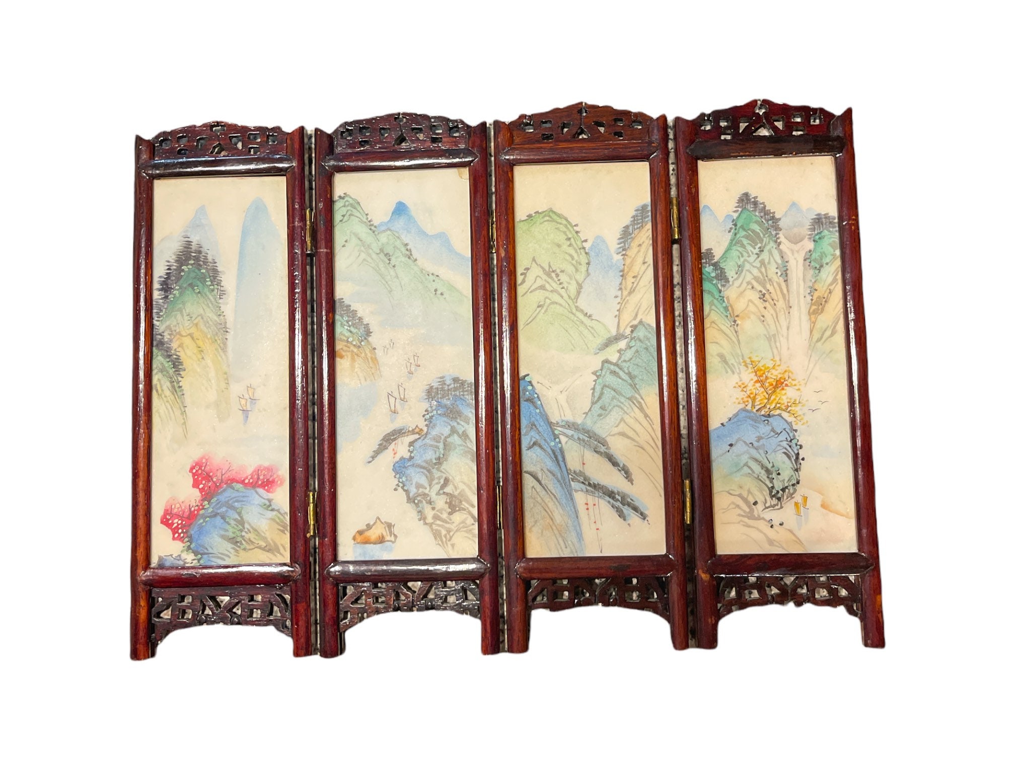 Antique Oriental Hand Painted Marble Partition Table Top Folding