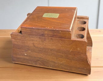 Vintage Wooden Cigar Humidor with Pipe Stand – Monogram JCL – Mid-Century Tobacco Storage Box