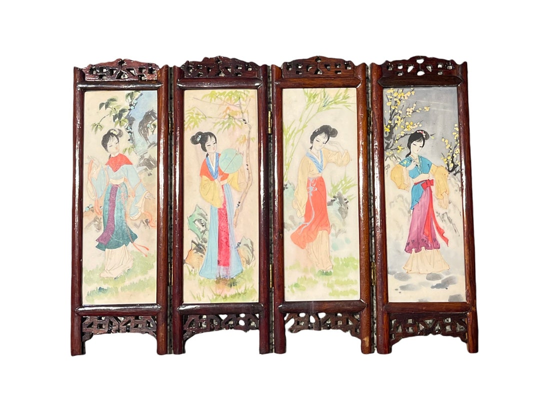 アンティーク雑貨 Beautiful tabletop partitions. Antique Oriental Hand Painted Marble Partition Table Top Folding