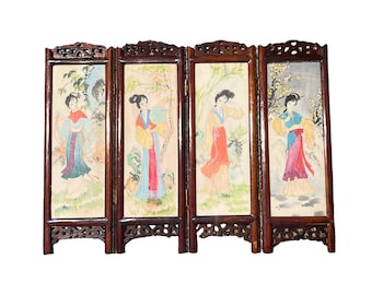 Antique Oriental Hand Painted Marble Partition Table Top Folding Screen.