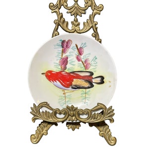 Vintage Hand Painted 5” Bird Plate with Brass Stand