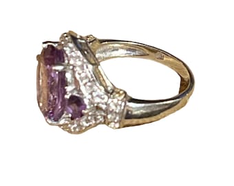 Vintage Sterling Silver Amethyst Rhinestone Cocktail Ring