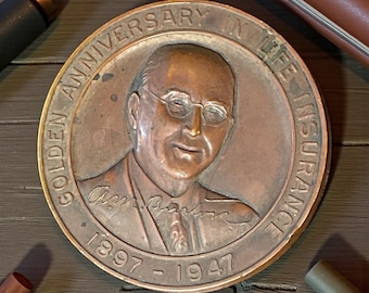 Vintage 1947 Life & Casualty Insurance Co. Bronze Medallion – Golden Anniversary – A.M. Burton – Nashville, TN.