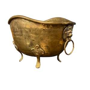 Vintage Hammered Brass Lion Head Pot