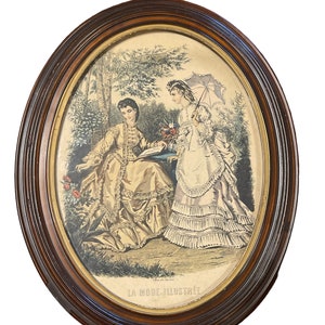 Antique Fashion Lithograph Print in Oval Frame