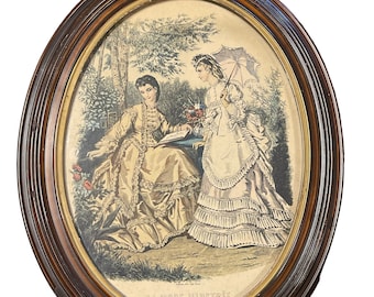 Antique Fashion Lithograph Print in Oval Frame