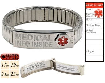 REDMEDID Steel Medical Alert ID Bracelet – Stretch Band, Waterproof Labels, Front-Opening