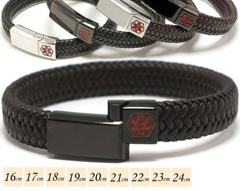 Medical Alert ID Bracelet with Soft Leather - Personalised, Any Engraving on Front and Back - 16 17 18 19 20 21 22 23 24cm by REDMEDID