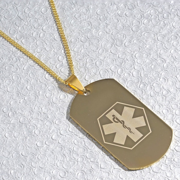 Engraved Large Gold Medical Alert ID Dog Tag, Any Length Gold Ball Chain Necklace, Custom Engraved, Emergency SOS Tag by REDMEDID