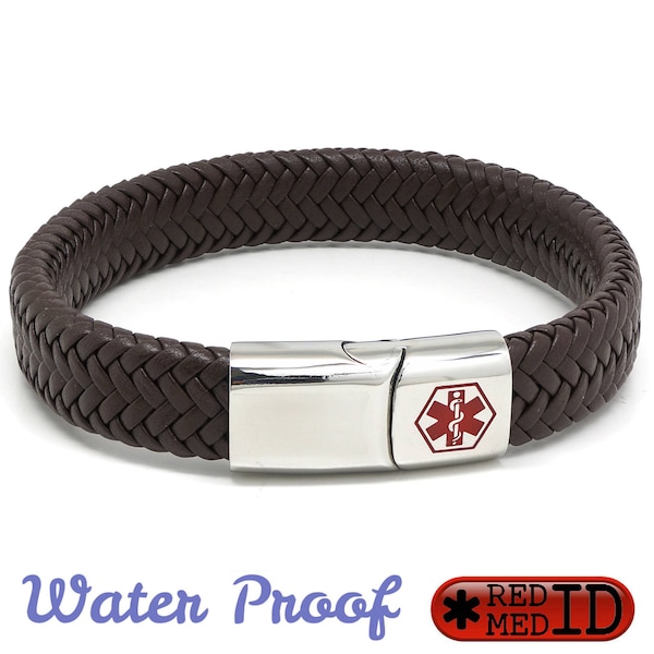 Brown Medical Alert ID SOS Bracelet with Soft Waterproof Leather - Personalised, Any Engraving on Front and Back 17 19 21 23cm by REDMEDID
