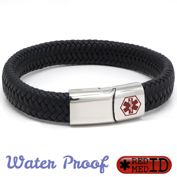 Black Medical Alert SOS ID Bracelet with Soft Waterproof Leather - Personalised, Any Engraving on Front and Back 17 19 21 23cm by REDMEDID