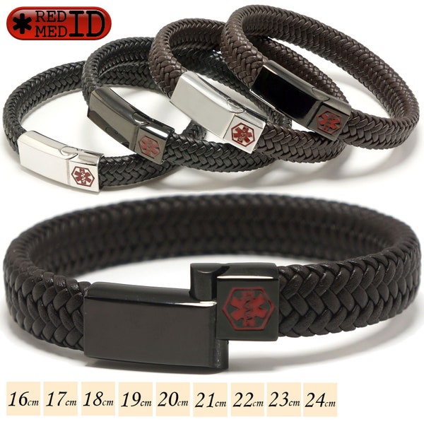 Medical Alert ID Bracelet with Soft Leather - Personalised, Any Engraving on Front and Back - 16 17 18 19 20 21 22 23 24cm by REDMEDID