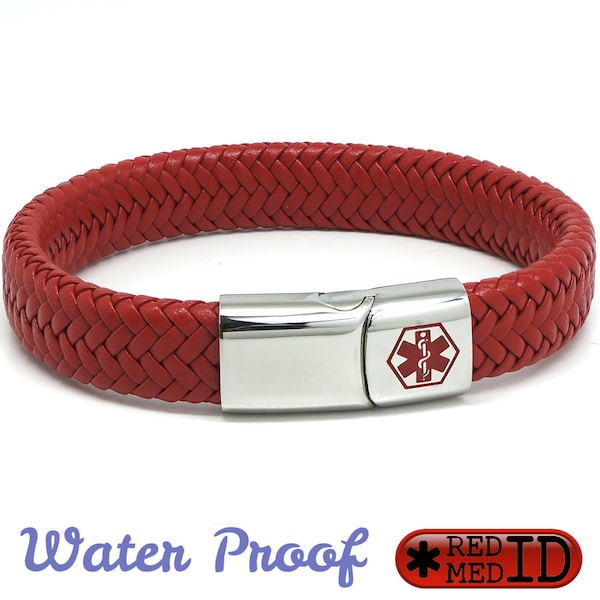 Red Medical Alert ID SOS Bracelet with Soft Waterproof Leather - Personalised, Any Engraving on Front and Back 17 19 21 23cm by REDMEDID