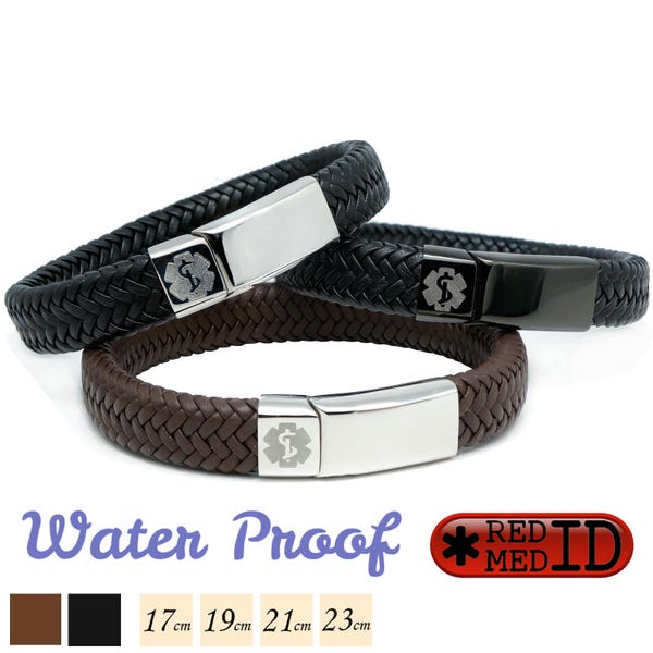 Medical Alert ID SOS Bracelet with Soft Waterproof Leather - Personalised - Any Engraving on Front and Back -  17 19 21 23cm by REDMEDID