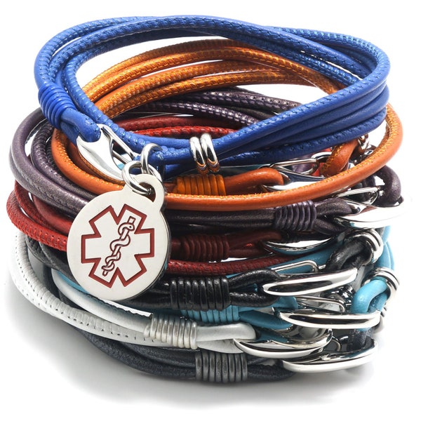 Designer Quality Girls Medical Alert ID Bracelet - Made with Stitched Napa Leather - Any Engraving -  19cm, 7.5" - 12 colors - by REDMEDID