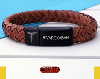 Cherry Brown Medical Alert ID Bracelet with Soft Leather - Personalised, Any Engraving on Front and Back - 16 17 18 19 20 21 22 23 24cm