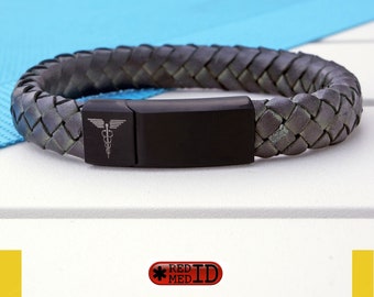 Matt Green Medical Alert ID Bracelet, made with premium quality UK made cowhide Leather and optional engraving.