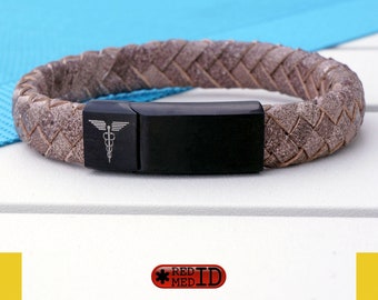Pebble Brown Medical Alert Bracelet, made with premium quality UK made cowhide Leather and optional engraving.