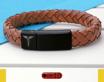 Pulsera de alerta médica walnut Brown, hecha con cuero de vaca de primera calidad hecho en el Reino Unido y grabado opcional.