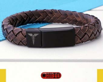 Leather Medical Alert Bracelet - Designer ID Jewelry - Custom Engraved Emergency ID - REDMEDID
