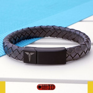 Matt Black Medical Alert ID Bracelet with Soft Leather - Personalised, Any Engraving on Front and Back - 16 17 18 19 20 21 22 23 24cm