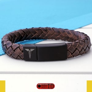 Vintage Brown Medical Alert ID Bracelet with Soft Leather - Personalised, Any Engraving on Front and Back - 16 17 18 19 20 21 22 23 24cm