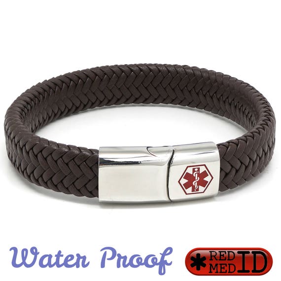 Med ID Rubber Bracelet ~ 316L Stainless Steel Personalized Engraved Name Information Medical Alert SOS Waterproof Silver Plate Red Enamel