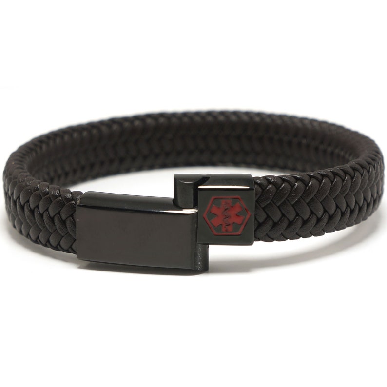 Pulsera de identificación de alerta médica con cuero suave Personalizado, cualquier grabado en la parte delantera y trasera 16 17 18 19 20 21 22 23 24cm por REDMEDID Black & Black Clasp