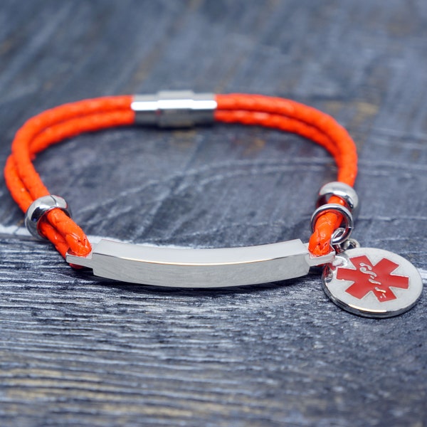 Neon Red Medical Alert ID SOS Bracelet with Bolo Leather Strap - Personalised - Any Engraving on Front and Back - 19cm