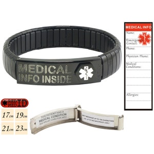 Unisex Black Steel Stretch Medical Alert ID Bracelet - Foldable Medical Info Card - Waterproof Labels - Front Opening - We print the Labels