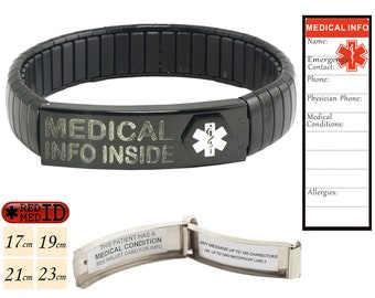 Unisex Black Steel Stretch Medical Alert ID Bracelet - Foldable Medical Info Card - Waterproof Labels - Front Opening - We print the Labels