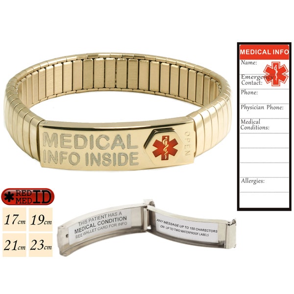 Gold Medical Alert ID Bracelet - Stretch Bracelet - Foldable Medical Info Card - Waterproof Labels - Front Opening - We print the Labels