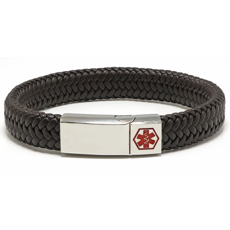 Pulsera de identificación de alerta médica con cuero suave Personalizado, cualquier grabado en la parte delantera y trasera 16 17 18 19 20 21 22 23 24cm por REDMEDID Brown & Silver Clasp