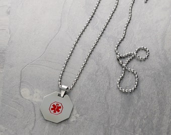 Engraved Medical Alert Hexagon Necklace on a steel Ballchain
