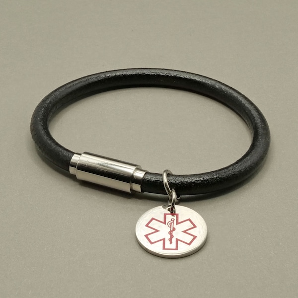 Personalized Black Leather Unisex Medical Alert ID Bracelet Emergency Contact 16cm to 25cm