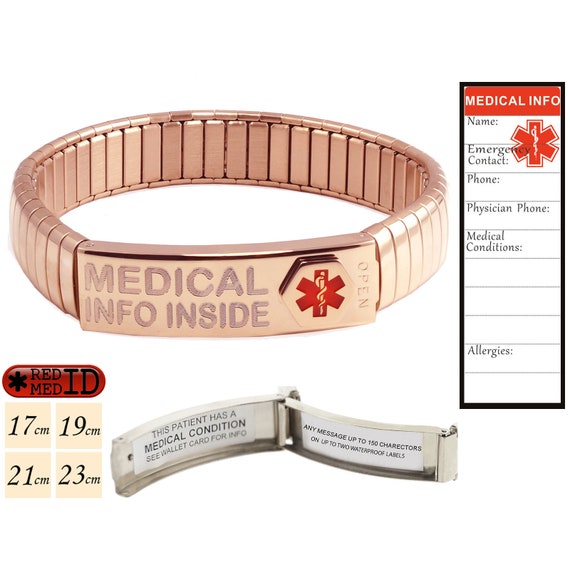 Rose Gold Steel Stretch Medical Alert ID Bracelet Foldable Medical