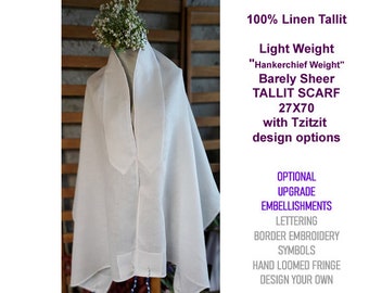 Tallit Scarf -White Bleached Handkerchief Weight Prayer Shawl Head Covering with tzitzit addon options