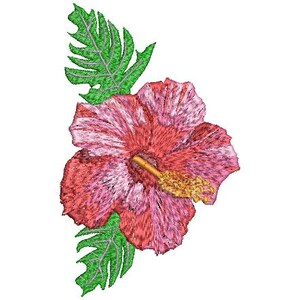 May include: Embroidered hibiscus flower with red, pink, and white petals, a yellow stamen, and green leaves. The floral design is detailed and textured, perfect for fabric embellishment or crafting projects.