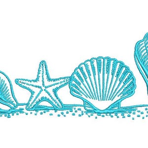 May include: A turquoise embroidered design featuring a seashell, starfish, and other shells on a sandy base. The image is a line drawing style, perfect for beach-themed crafts and decor.