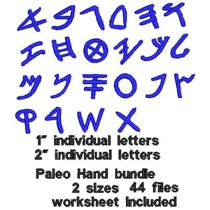 May include: Blue embroidered Paleo Hand letters in various shapes and sizes. The image includes the text "1" individual letters", "2" individual letters", "Paleo Hand bundle", "2 sizes 44 files", and "worksheet included".