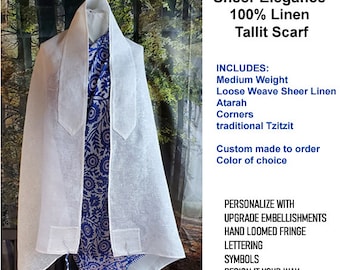 Sheer Elegance Prayer Shawl Tallit Scarf Loose Weave Sheer 100% Linen Head Covering Veil with tzitzit